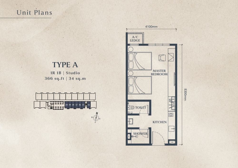 Axis Tower Type A studio floor plan, 366 sq ft, 1 bedroom 1 bathroom