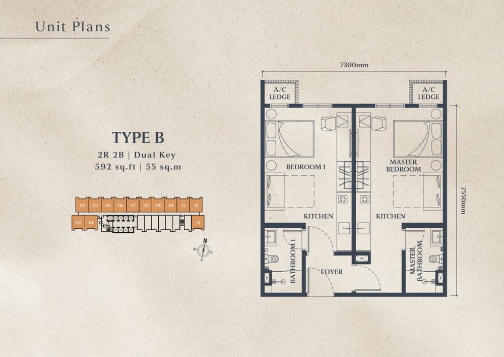 Axis Tower Type B dual-key floor plan, 592 sq ft, 2 bedrooms 2 bathrooms