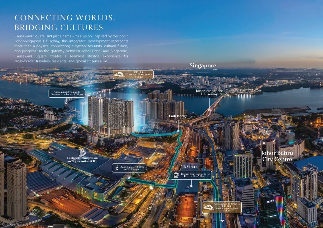 Map showing Causewayz Square @ JBCC's proximity to Singapore, the CIQ complex, JB Sentral and the future RTS Link Bukit Chagar Station
