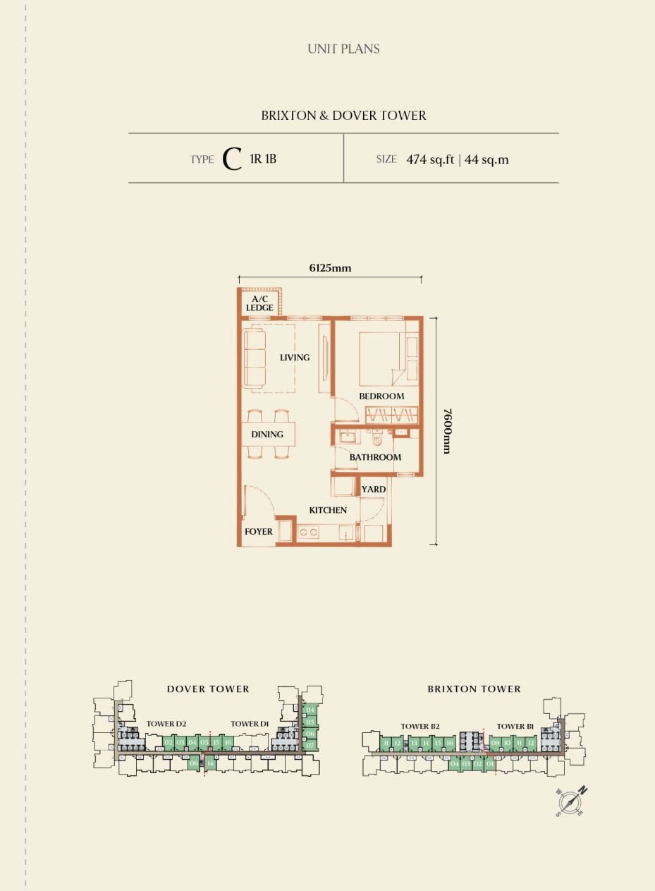Brixton and Dover Tower Type C floor plan, 474 sq ft, 1 bedroom 1 bathroom