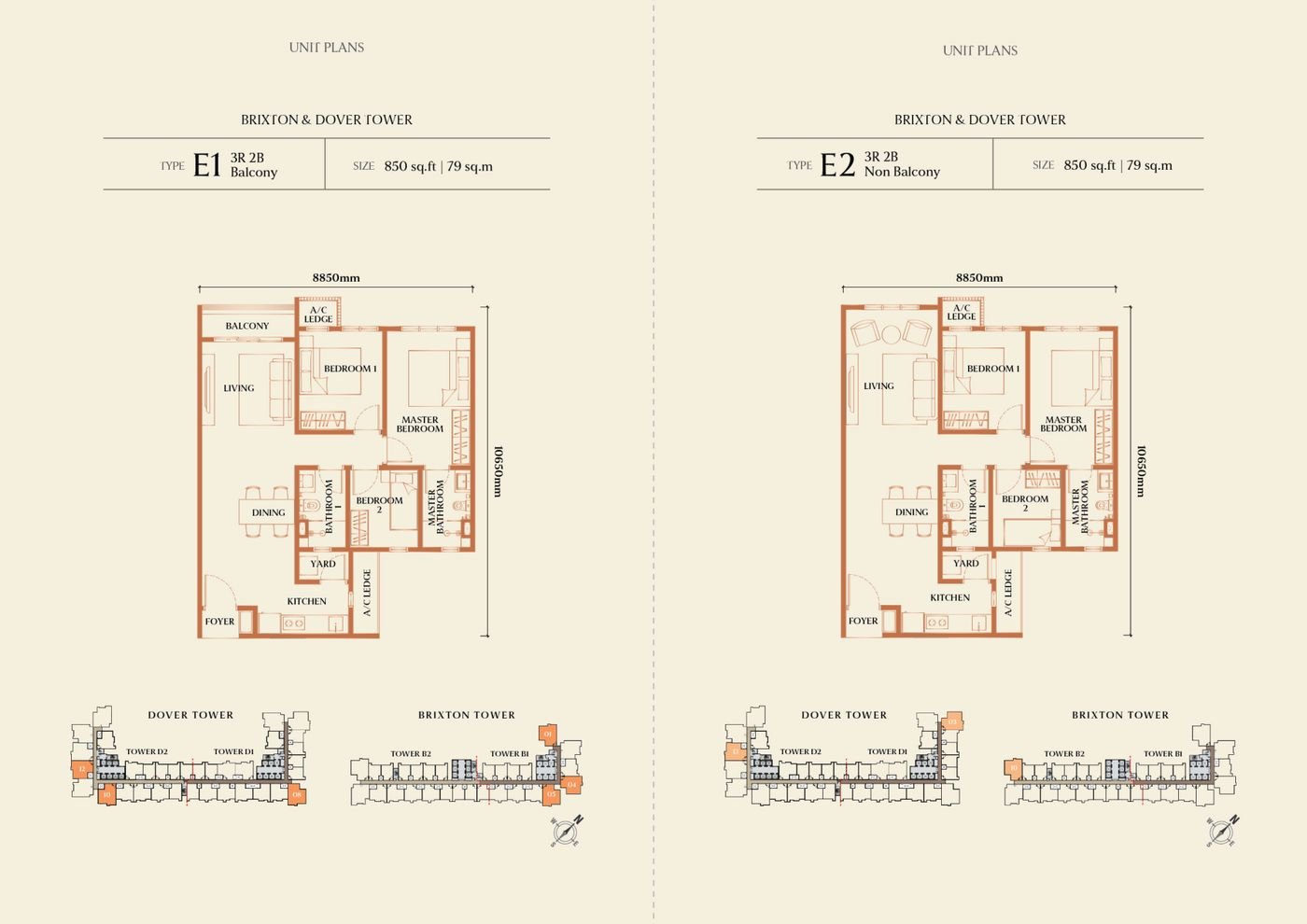 Brixton and Dover Tower Type E1 and E2 floor plans, 850 sq ft, 3 bedrooms 2 bathrooms