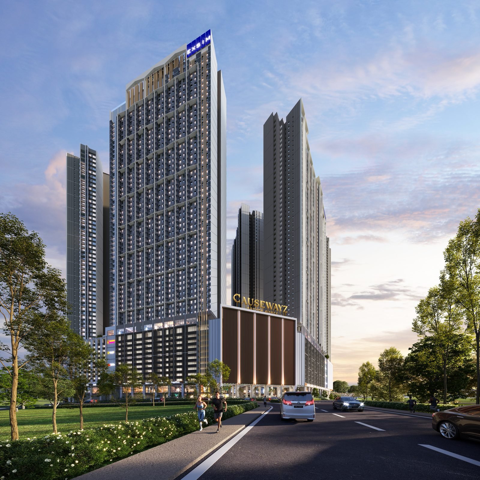 Street-level view of Causewayz Square @ JBCC with joggers and drop-off
